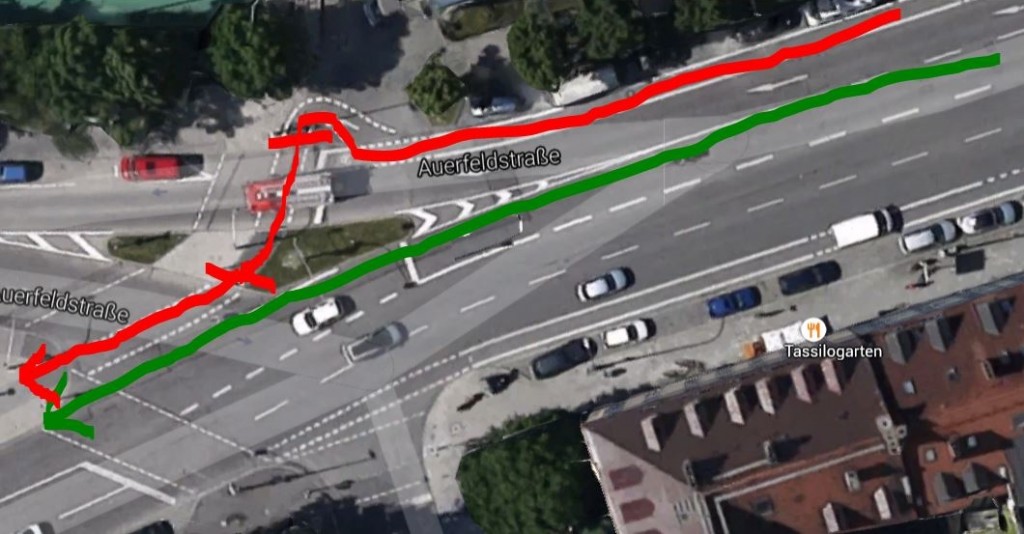 Street Art in München: Rot: so will der Straßenmaler, dass Radler fahren. Zwei Stopps, obwohl man eigentlich nur geradeaus will (grün).