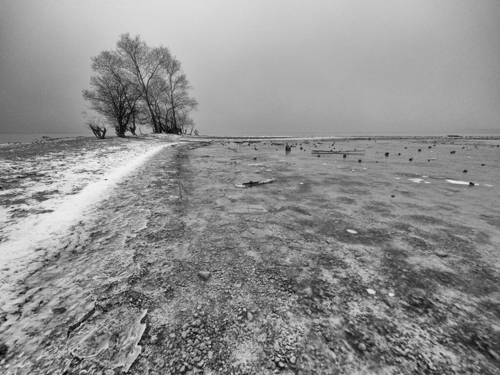 vereiste und leicht schneebedeckte Kiesbank auf die Shilouetten von Sträuchern vor grauem Himmel. 